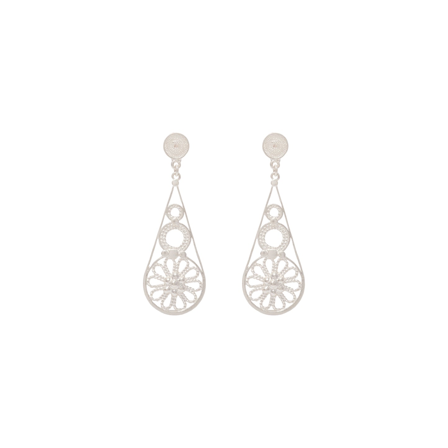 Aretes Gota Colgante Flor de 10 Pétalos Plata