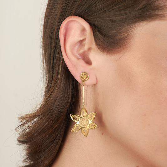 Aretes Girasol Colgante 6 Pétalos