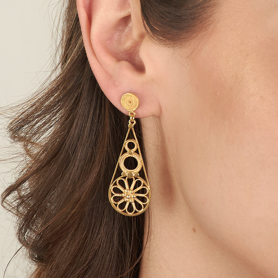 Aretes Gota Colgante Flor de 10 Pétalos Dorado