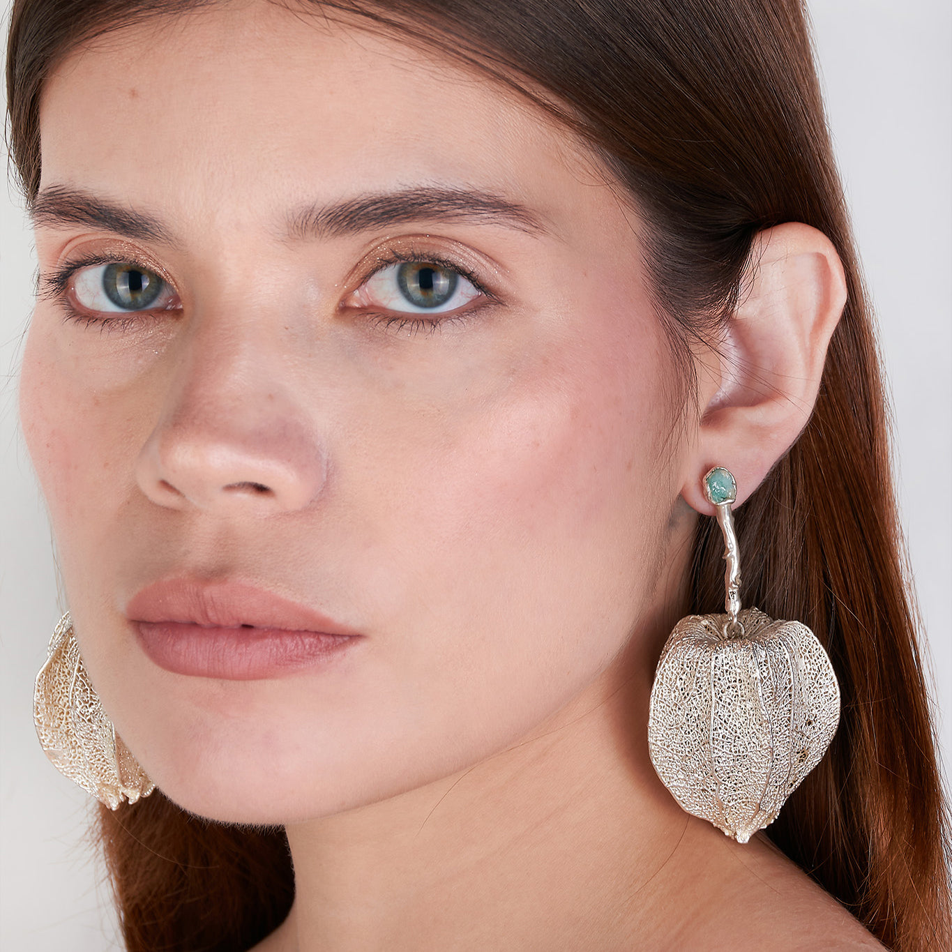 Aretes Uchuva Esmeralda Plata